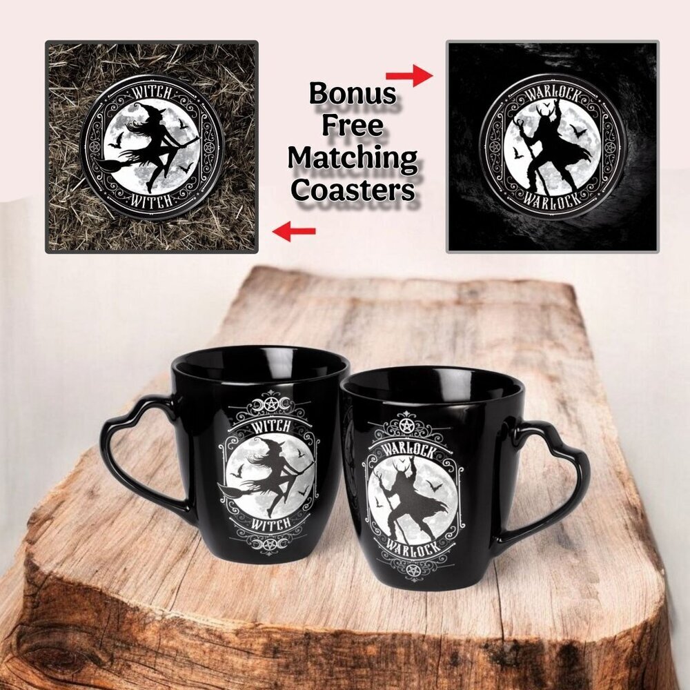 Alchemy Gothic ✦ Witch & Warlock Mug Set ✦ Black Fine Bone China Moon & Bat NWT